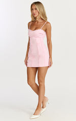 Gigi Mini Linen Blend Dress - Sweetheart Tie Back Scallop Detail Dress in Pink