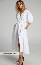 Amalie The Label - Franc Linen Puff Sleeve Wrap Midi Linen Dress in White