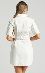 Aelicia Mini Dress - Button Through Denim Dress in Ecru