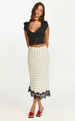 Alba Midi Skirt - Lace Trim Skirt in White/Black Polka