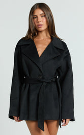 Alessandra Coat - Single Breasted Belted Short Wool Like Coat in Black
