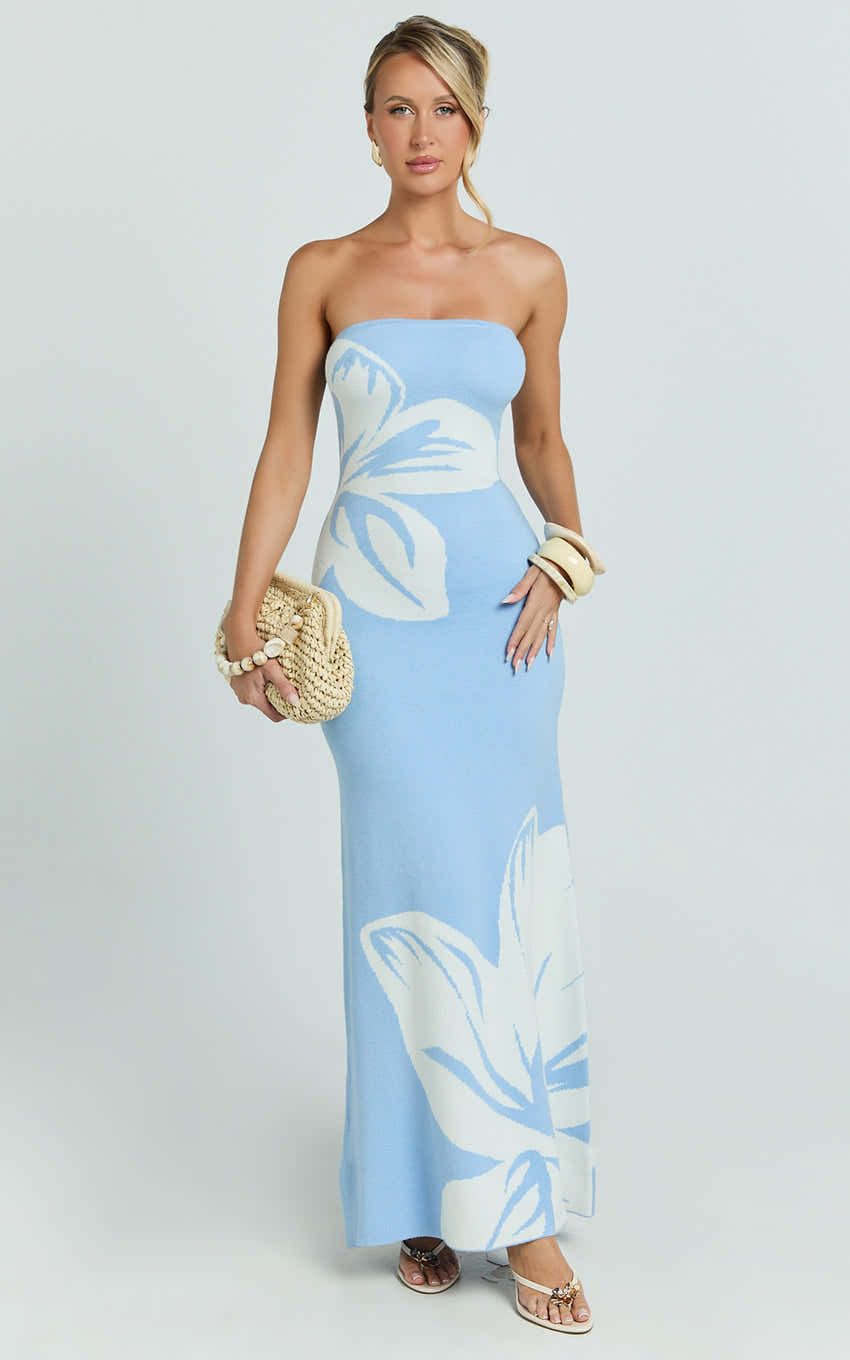 Amy Midi Dress - Knit Strapless Column Dress in Intarsia Print