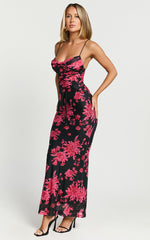 Ariel Midi Dress - Mesh Bodycon Tie Detail Dress in Black & Red Floral