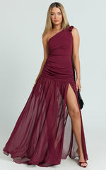 Behati Maxi Dress - One Shoulder Cut Out Fit And Flare Dress in Wine