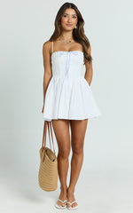 Brunetta Mini Dress - Embroidered Contrast Trim V Waist Fit And Flare Dress in Plain White