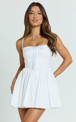Brunetta Mini Dress - Embroidered Contrast Trim V Waist Fit And Flare Dress in Plain White
