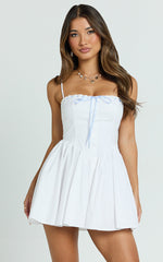 Brunetta Mini Dress - Embroidered Contrast Trim V Waist Fit And Flare Dress in Plain White