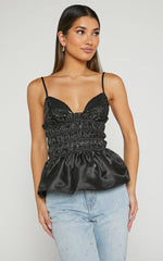 Brunetta Top - Sequin Shirred Peplum Top in Black