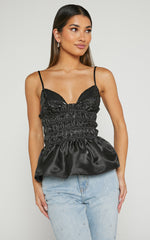 Brunetta Top - Sequin Shirred Peplum Top in Black