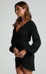 Charmine Mini Dress - Twist Front Long Sleeve Dress in Black