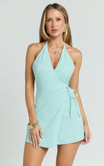 Connie Mini Dress - Linen Halter Neck Wrap Dress in Blue