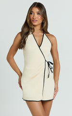 Connie Mini Dress - Linen Halter Neck Wrap Dress in Ecru