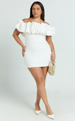 Coraline Mini Dress - Ruffle Off Shoulder Fitted Dress in White