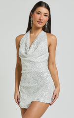 Cynthina Mini Dress - Sequin Cowl Halter Neck Wrap Dress in Silver