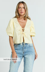 Dana Top - Bow Tie Front Puff Sleeve Blouse in Lemon