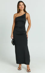 Debbie Midi Dress - One Shoulder Hardware Detail Dress in Black