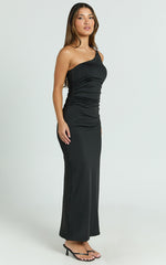 Debbie Midi Dress - One Shoulder Hardware Detail Dress in Black