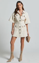 Elena Mini Dress - Wide Sleeve Utility Dress in Natural