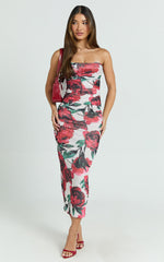 Enid Midi Dress - Sweetheart Neck Ruched Bodycon Dress in Rose Blanca