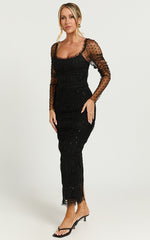 Evelyn Midi Dress - Long Sleeve Shirred Tulle Dress in Black Polka
