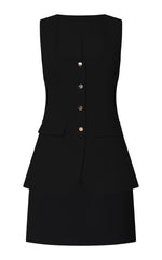 Phyllis Two Piece Set - Tailored Scoop Neck Vest Top and A Line Mini Skirt Set with Gold Buttons in Black