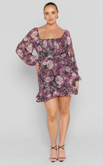 Grizela Mini Dress - Gathered Bust Long Sleeve Dress in Harvest Floral