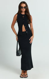 Halle Midi Skirt - High Waist Bodycon Knit Midi Skirt in Black