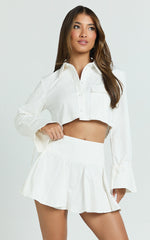 Harlow Two Piece Set - Long Sleeve Crop Shirt and Mini Skirt Set in White