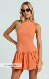 Izira Mini Dress - Boat Neck Drop Waist Shift Dress in Orange
