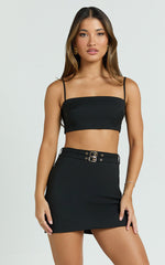 Janelle Two Piece Set - Micro Crop Top and Belted Mini Skirt Set in Black