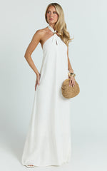 Jhazmine Maxi Dress - Halterneck Linen Gold Trim Dress in Off White
