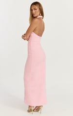 Lani Midi Dress - Scooped Neckline Draped Skirt Halter Dress in Pink