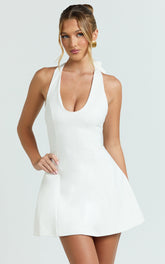 Lauren Mini Dress - Halter Scoop Neck Dress in White