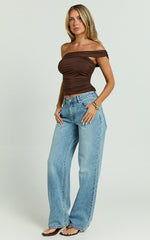 Lennox Top - Asymmetrical Gathered Shoulder Jersey Top in Chocolate