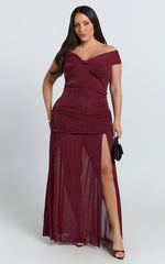 Lilliana Maxi Dress - Glitter Tulle Off Shoulder Tie Front Ruched High Split Dress in Wine