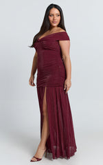 Lilliana Maxi Dress - Glitter Tulle Off Shoulder Tie Front Ruched High Split Dress in Wine