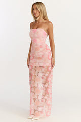 Lima Maxi Dress - Strapless Floral Embellished Column Dress in Pink