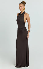 Lizzy Maxi Dress - Backless Ruched Bodycon Dress in Chocolate