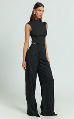 Luciana Pants - High Waist Crossover Belted Straight Leg Tailored Pants in Black