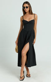 Maddie Midi Dress - Sweetheart Fit And Flare Gathered Dress in Black