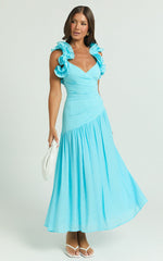 Memie Midi Dress - Drop Waist Ruffle Sleeve Dress in Blue