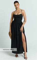 Morris Midi Dress - Linen Scoop Neck Gathered Dress in Black