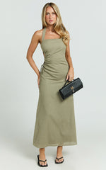 Myra Midi Dress - Halter Ruched Side Dress in Olive