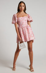 Phorchia Mini Dress - Fit and Flare Puff Sleeve Corset Dress in Fleur Print