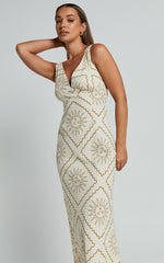 Sharlyn Midi Linen Blend Dress - Deep V Neck Sleeveless Slip Dress in Beige Sun Print