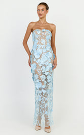 Sienna Maxi Dress - 3D Floral Strapless Column Dress in Blue