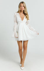 Solanna Mini Dress - Long Puff Sleeve V Neck Dress in White