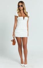 Stacey Two Piece Top and Skirt Set - Cap Sleeve Square Neck Top And Mid Rise Mini Fitted Skirt in White