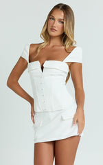 Stacey Two Piece Top and Skirt Set - Cap Sleeve Square Neck Top And Mid Rise Mini Fitted Skirt in White