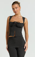 Susannah Top - Ruched Square Neck Bustier Top in Black Stripe